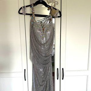 Silver Shiny Latin Ballroom Competition Dress with Accessories